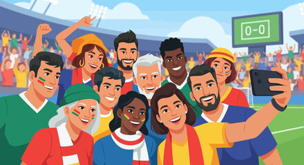 Obraz premium Diverse group of excited fans taking a selfie at a sports stadium during a game, cheering on their team