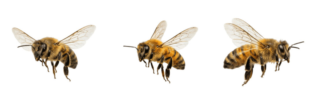 Realistic Honey Bee Insect Flying for Nature and Wildlife Concept Pollination Isolated on Transparent Background High Quality PNG Set