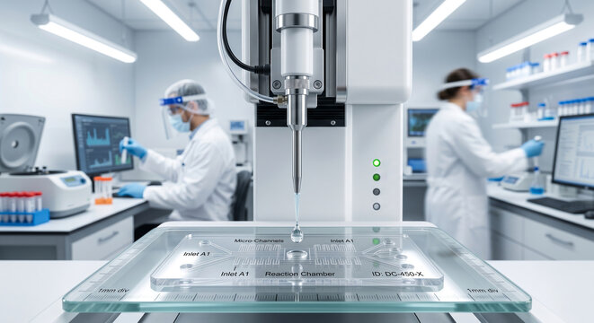Automated laboratory dispensing system with microfluidic chip technology for medical research and pharmaceutical analysis.