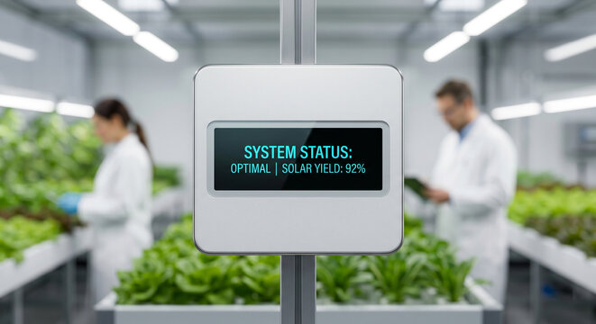 Digital screen displays system status optimal with solar yield ninety two percent in controlled environment agriculture.