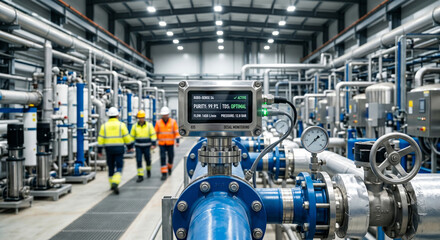 Fototapeta premium Industrial water desalinization system monitoring sensor panel display showing optimal flow and pressure in modern plant.