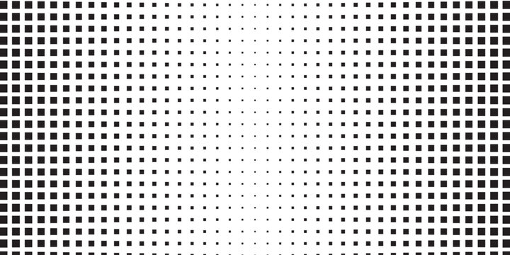 Halftone gradient texture background. Faded checkered gradation wallpaper. Black and white squared pixels. Abstract vanishing comic pop art backdrop. Vector repeating check raster effect overlay
