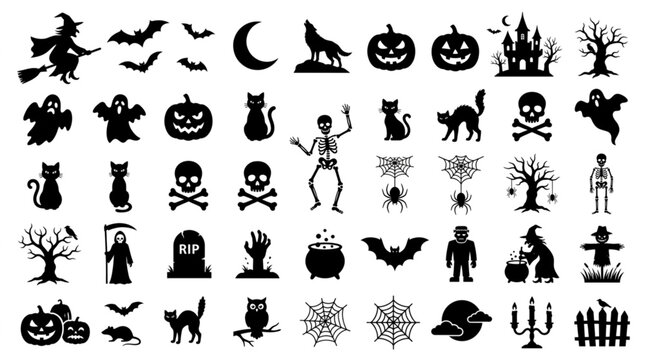 Collection of Halloween Silhouettes Icons and Symbols.