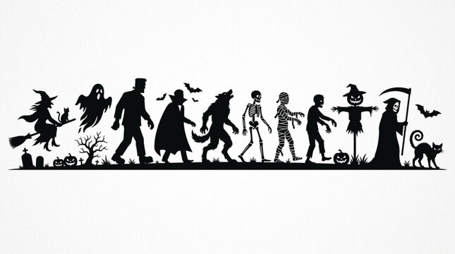 Collection of Halloween Silhouettes Walking Together.