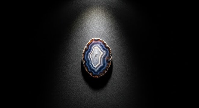 Polished slice of agate with intricate natural banding highlighted by spotlight on dark textured background