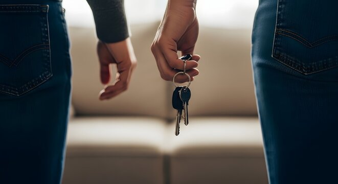 Person holding keys in hand, standing in modern living room space