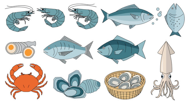 A vibrant collection of diverse seafood and aquatic creatures featuring various fish crustaceans shellfish and cephalopods presented in a visually appealing arrangement for culinary inspiration