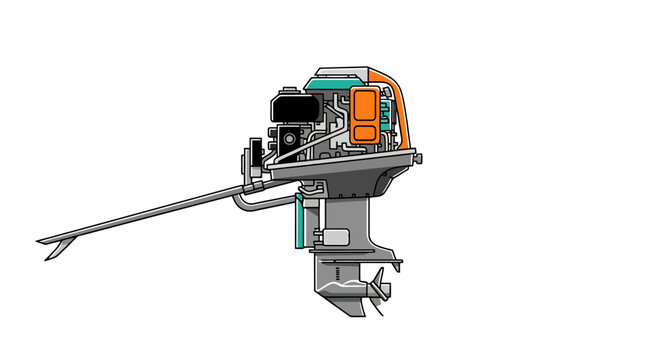 Detailed rendering of a marine propulsion system component with internal combustion power unit and propeller showcasing mechanical assembly for watercraft propulsion and engineering