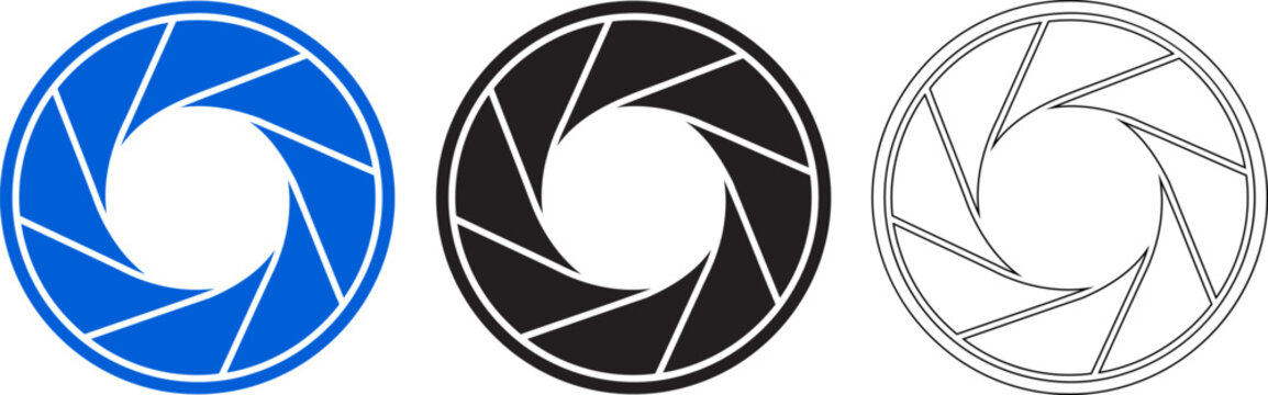Camera aperture icons blue black and line art versions