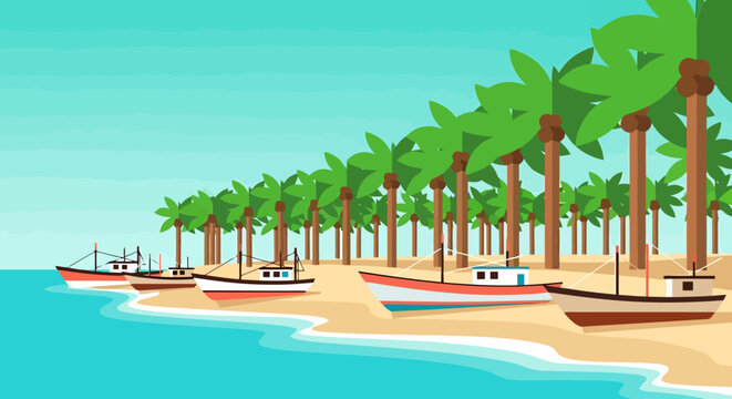 Picturesque tropical coastline vista featuring several fishing vessels gently resting on sandy shorelines beneath an expansive azure sky bordered by a dense line of verdant palm trees creating a
