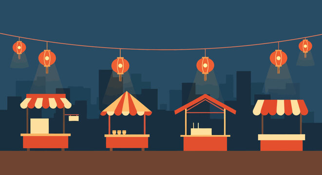 Vibrant outdoor market stalls illuminated by decorative lanterns under a twilight sky showcasing a lively evening street fair atmosphere with diverse merchant booths providing goods and services