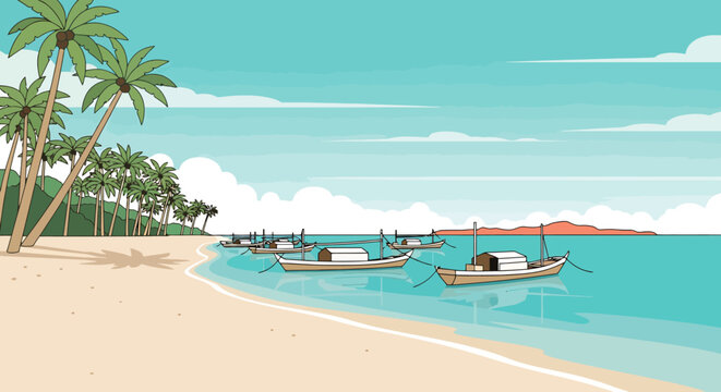 Tropical island coastline scene with tranquil blue ocean waters and gentle waves lapping sandy shore lined with palm trees and traditional wooden boats gently bobbing in the serene seascape
