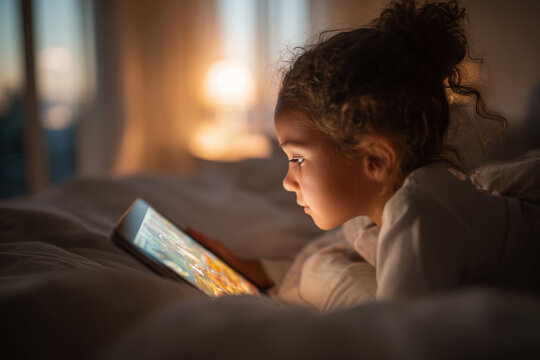 Young girl lying in bed and using a digital tablet in warm evening light
