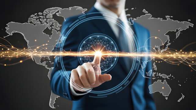 Global business technology and digital transformation concept. Businessman in blue suit touching glowing circular interface with world map background and orange data light streaks. Advanced network.