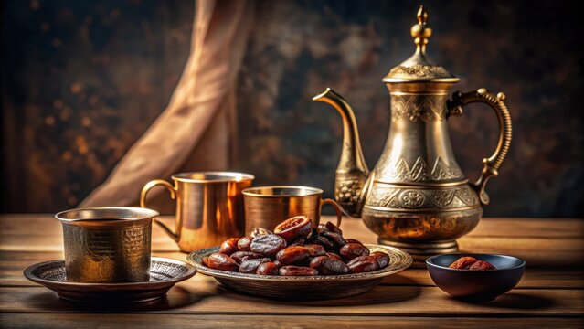 A realistic photo of Arabic coffee dallah alongside traditional cups and dates