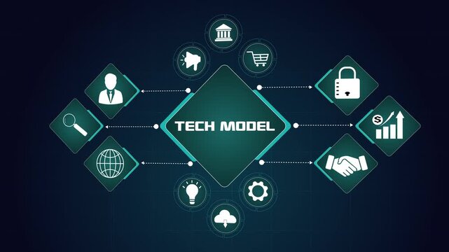 Tech model business framework concept, professional technology infrastructure with digital security and global data network, corporate strategy.