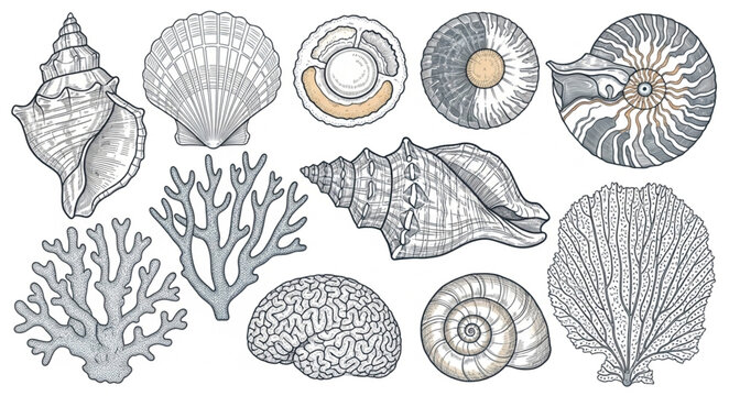 Collection of Hand Drawn Seashells and Coral Illustrations.