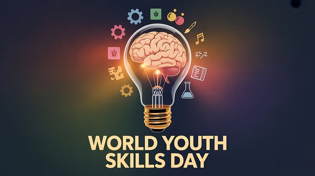 World youth skills day illustration featuring a glowing light bulb with a human brain inside surrounded by creative icons and educational symbols on a dark background