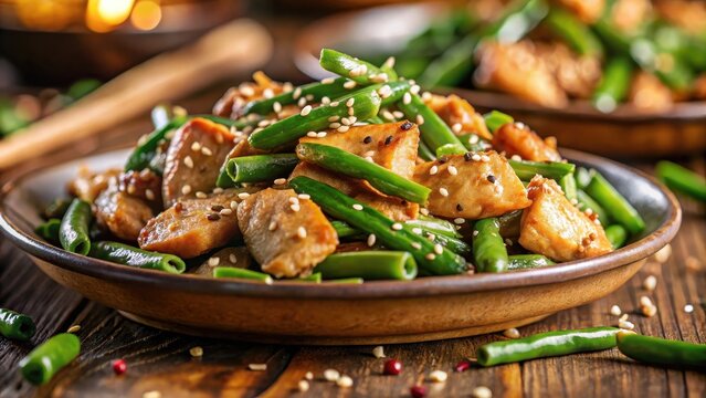 A realistic photo of Savory Chicken and Green Bean Stir Fry with Sesame Seeds