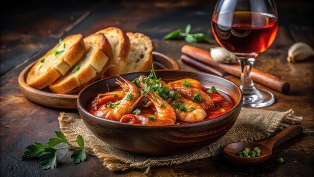 A realistic photo of Shrimp with red sauce in bowl with bread and wine