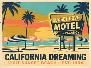 Fototapeta premium Retro California beach motel sign with palm trees and umbrellas