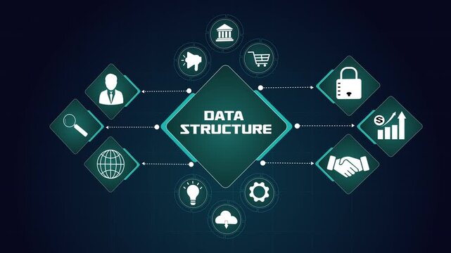 Data structure business network, digital information management with security and financial growth icons, professional corporate technology concept.