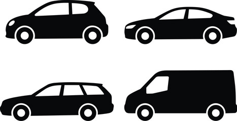 Set of four black vehicle silhouette icons featuring hatchback, sedan, station wagon, and cargo van for design projects © MstParvin