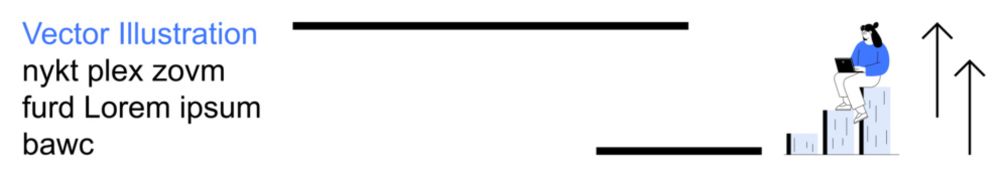 Business development, data analysis, success, career growth, productivity, financial performance. Person working on a laptop, sitting on a bar graph with upward arrows. Business development and data