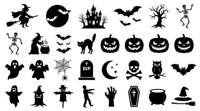 Collection of Halloween Icons and Symbols Silhouette.