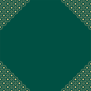 Elegant Islamic geometric border background with gold arabesque ornament on green backdrop, large copy space for Ramadan, Eid, invitations, greeting cards, banners, and luxury branding.