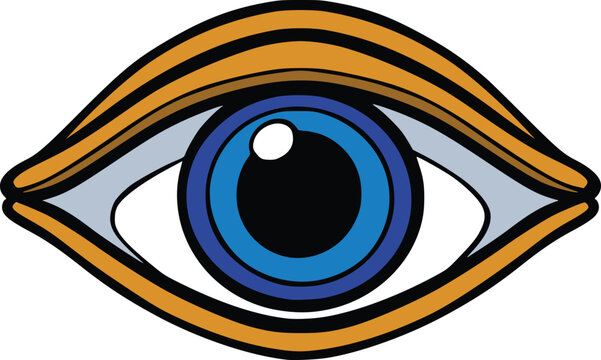 Stylized blue eye icon with black pupil, white highlight, and golden eyelid outline, isolated on white as a vision, observation, or symbol design