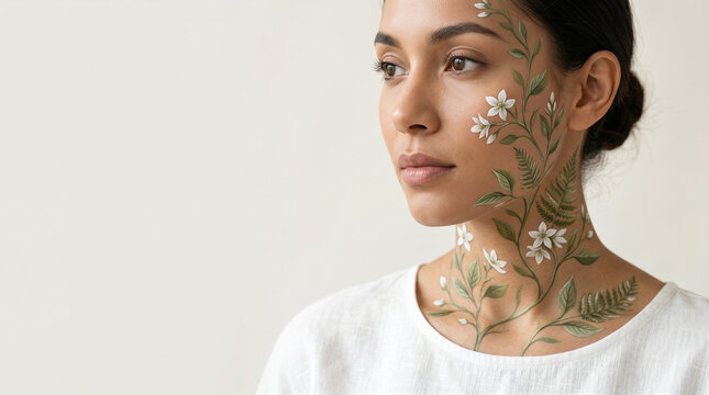 Young woman with floral face art, natural wellness and beauty concept