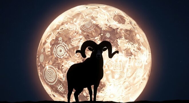 Dramatic silhouette of a powerful ram standing proudly against a majestic, full moon adorned with ancient patterns and symbols, evoking mystery and tradition.