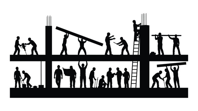 Construction workers on a building site black silhouette against a white background silhouette high quality professional detailed modern elegant stylish clean