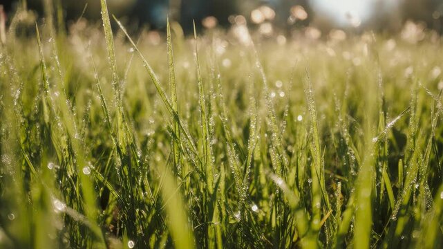 Vibrant green grass sparkles with morning dew in a sunlit spring meadow. A peaceful, high-quality close-up capturing the fresh essence of nature in the golden hour.