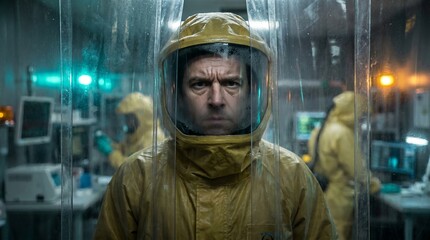 Obraz premium Dedicated scientist in protective suit within a high-tech research facility, focusing on critical work