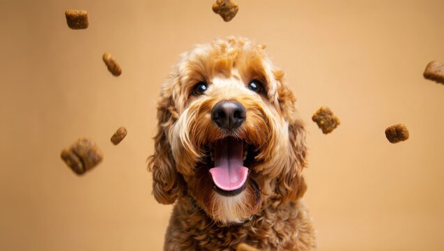 golden cockapoo puppy catching treats mid-air with tongue out