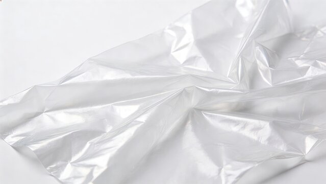 White crumpled plastic sheet texture backgroundabstract glossy wrinkled transparent material surfaceminimalist clean packaging conceptwaste pollution illustrationclose up view