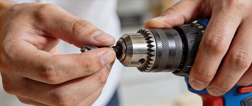 Wireless power drill diy tool male hand close up worker man person inserting metal drill bit into chuck close view with secure grip focus safety precision craftsmanship for home repair construction