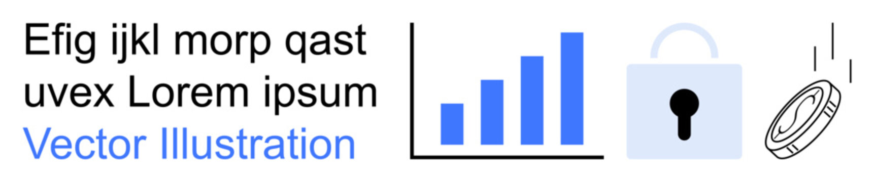 Data privacy, online security, financial analytics, digital payments, growth metrics, business trends. A lock icon, bar graph and coin graphic. Data privacy and financial analytics
