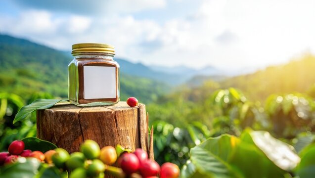 empty glass jar with coins on wooden stump in lush mountain farmland at sunrise