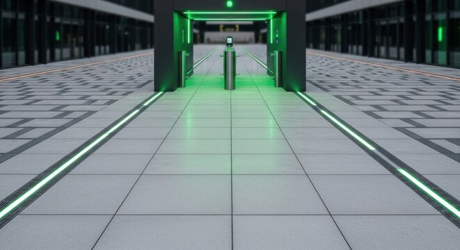 Modern architectural entryway with vibrant green illuminated pathway guiding to discreet access point