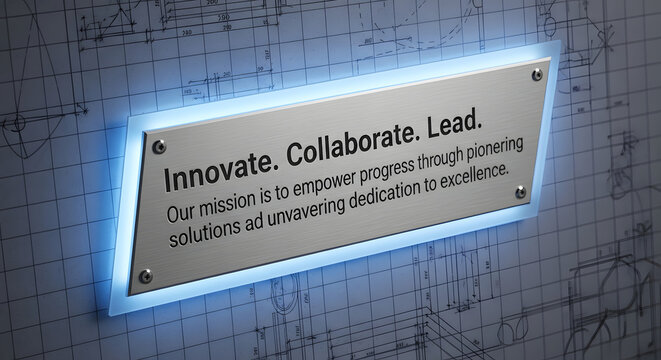 Mission statement on a polished metal plaque illuminated with blue light, conveying innovation, collaboration, and leadership