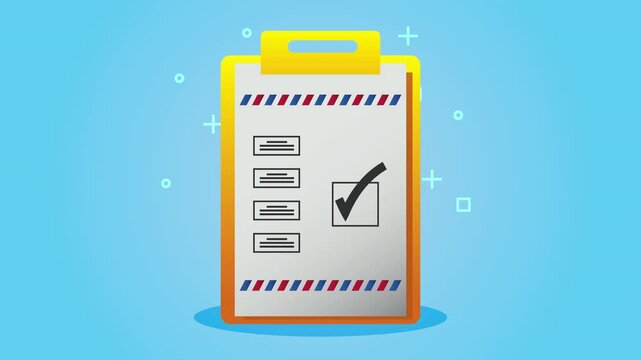 Animation of yellow clipboard with checklist and black check mark on light blue background with floating geometric symbols.