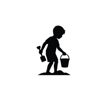 silhouette kid playing in sand with bucket and spade