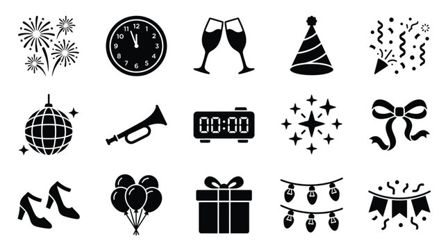 Collection of New Year's Eve celebration icons and symbols for festive design.