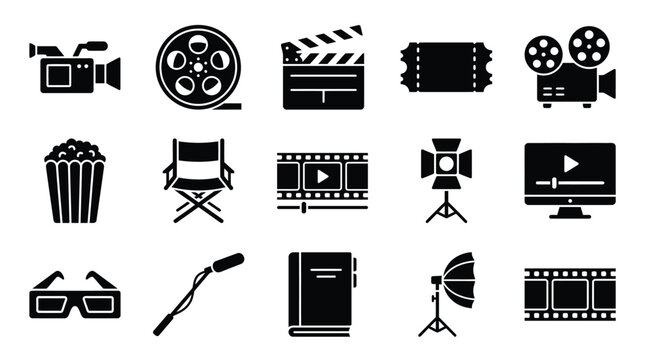 Collection of black and white vector icons representing cinema and filmmaking equipment and symbols.