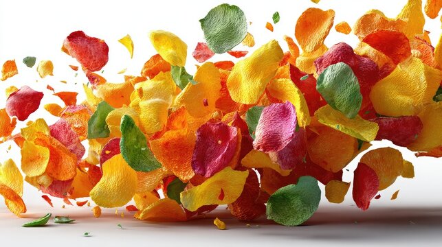 Vibrant multicolored vegetable chips floating midair in dynamic explosion against a clean white background for culinary advertising and healthy snack marketing