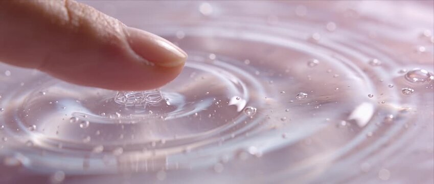 Soft water ripple texture with finger hand and nail touch surface detail macro minimal beauty skincare concept, clean feminine skin freshness purity, water wave splash drop texture ripple closeup