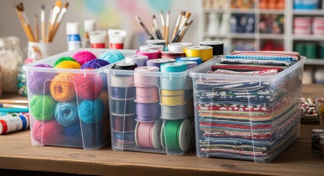 Organized craft supplies including colorful ribbons, yarn, and fabric neatly stored in clear plastic containers on a wooden surface.